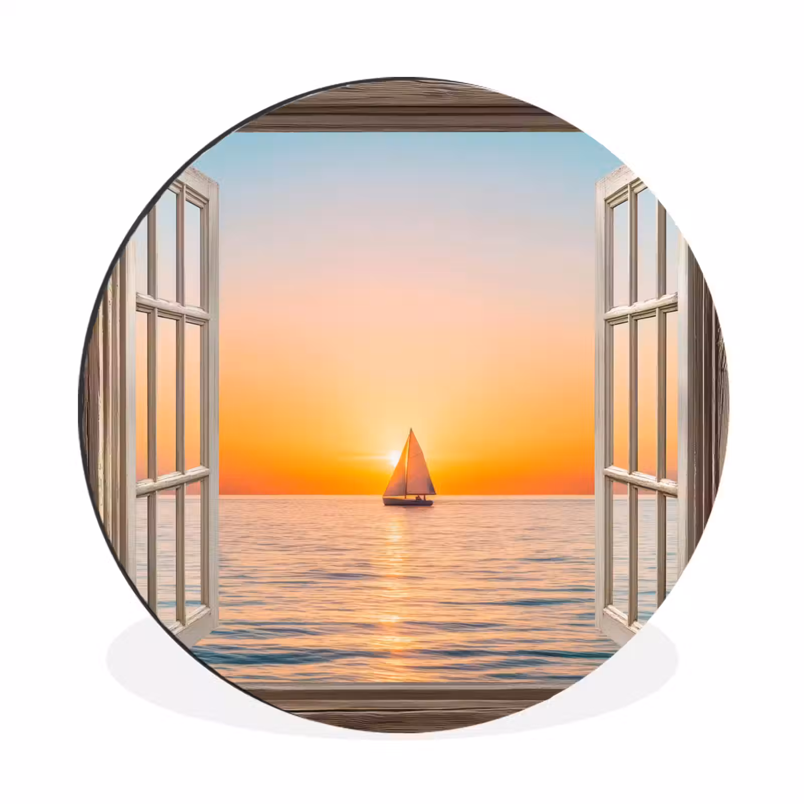 Wandcirkel - Aluminium - Doorkijk - Zee - Boot - Zonsondergang — 1