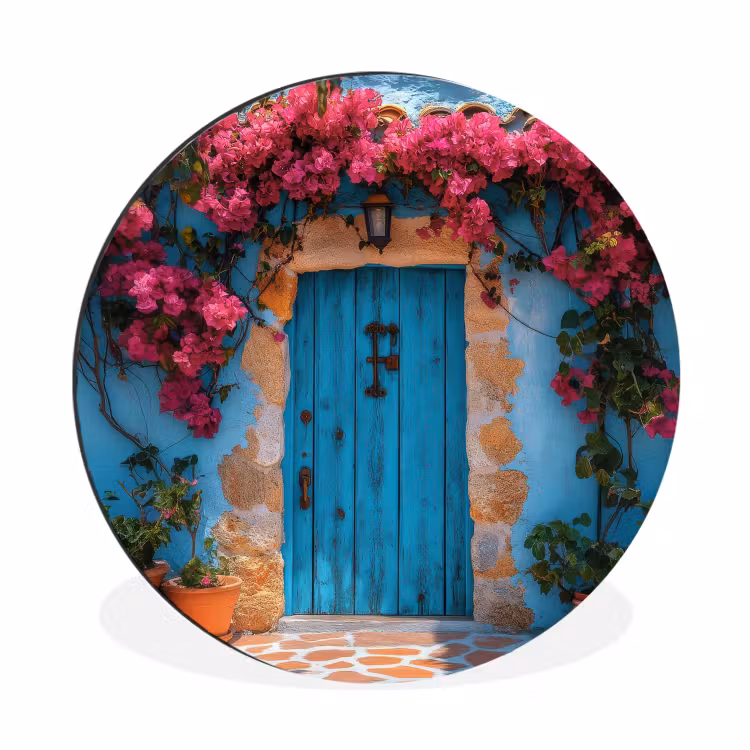 Wandcirkel - Aluminium - Deur - Hout - Bloemen - Blauw — 1