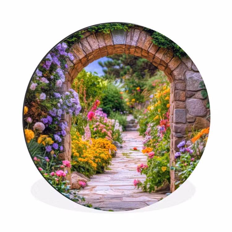 Wandcirkel - Aluminium - Doorkijk - Bloemen - Pad - Natuur — 1