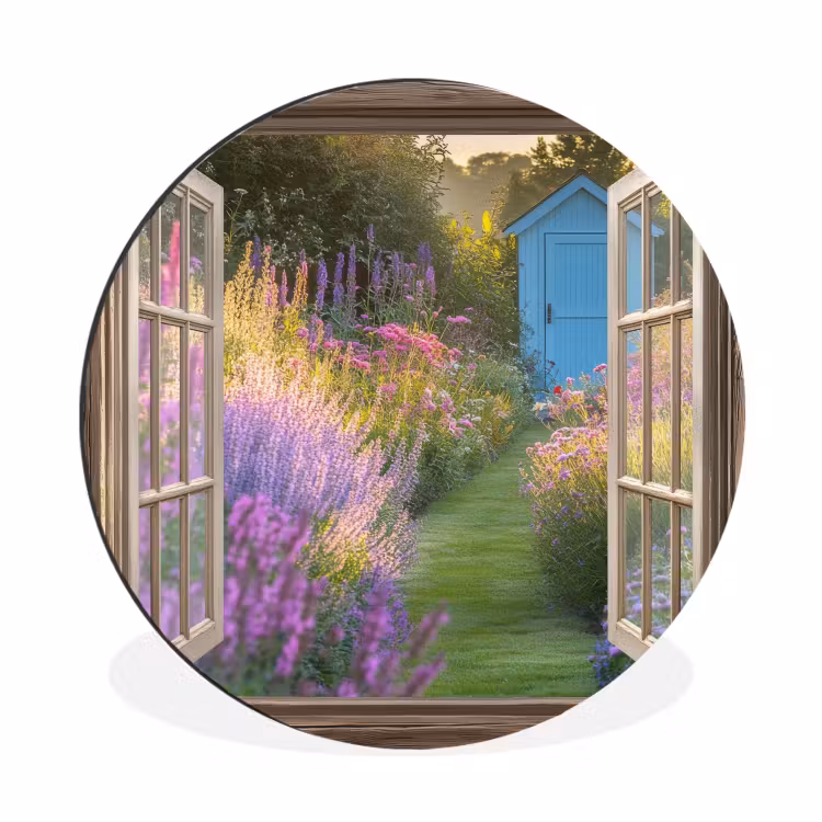 Wandcirkel - Aluminium - Doorkijk - Bloemen - Raam - Natuur — 1