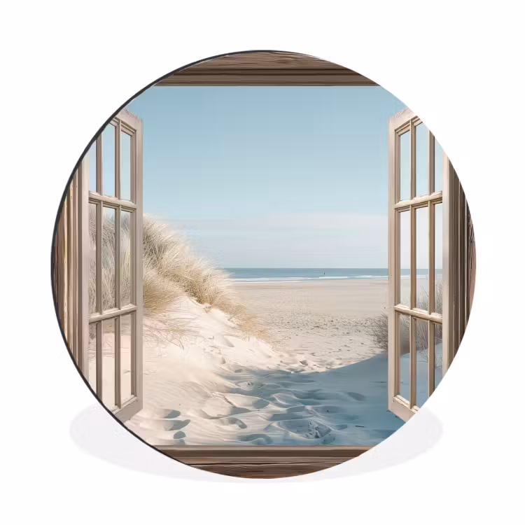 Wandcirkel - Aluminium - Doorkijk - Helmgras - Duinen - Zee - Landschap — 1