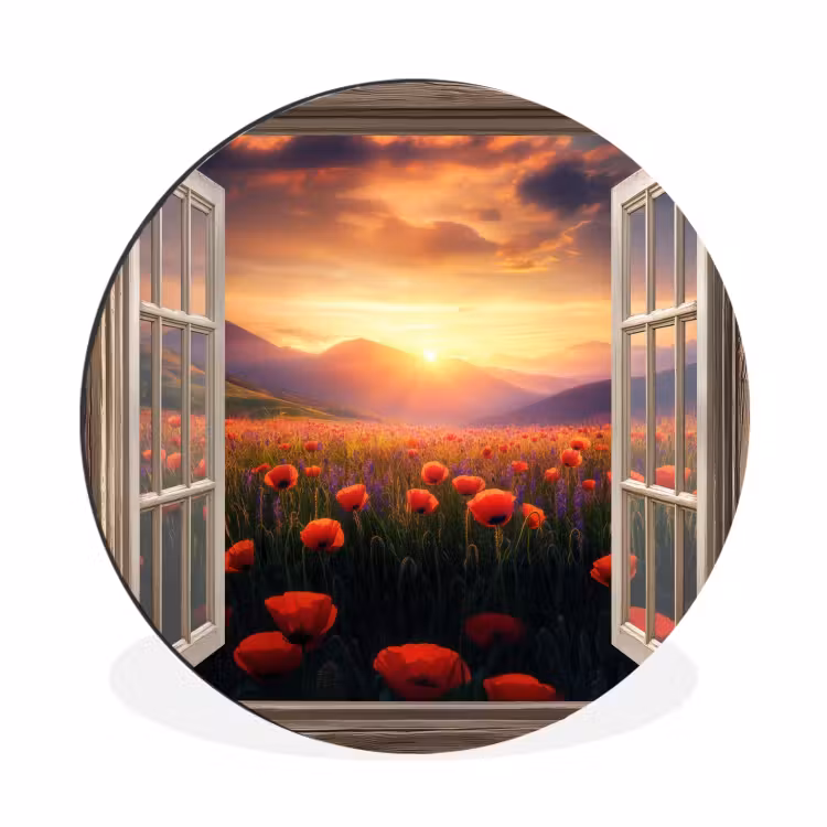 Wandcirkel - Aluminium - Doorkijk - Klaprozen - Bloemen - Rood - Open raam — 1