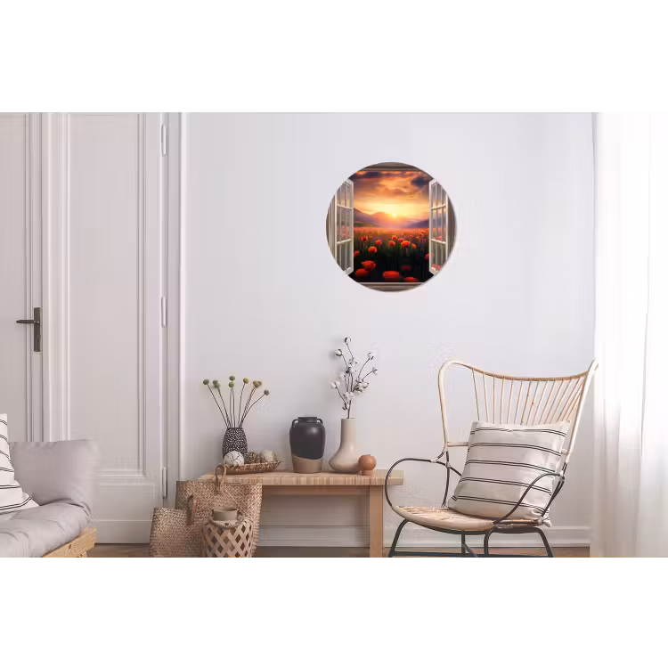 Wandcirkel - Aluminium - Doorkijk - Klaprozen - Bloemen - Rood - Open raam — 2