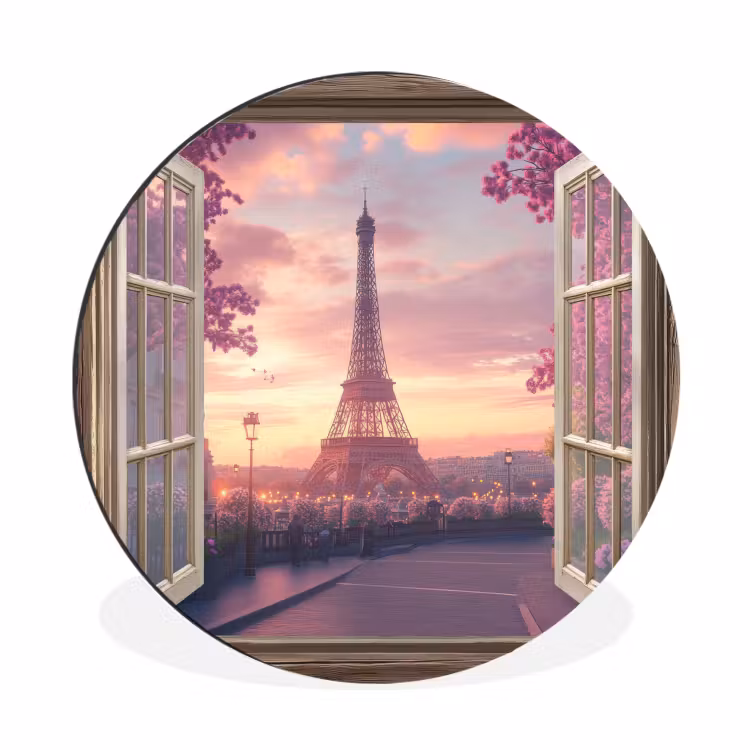 Wandcirkel - Aluminium - Doorkijk - Parijs - Eiffeltoren - Roze - Kersenbloesem — 1