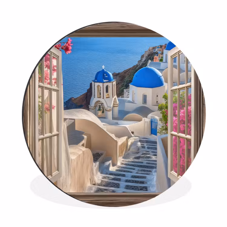 Wandcirkel - Aluminium - Doorkijk - Santorini - Landschap - Blauw - Grieks — 1