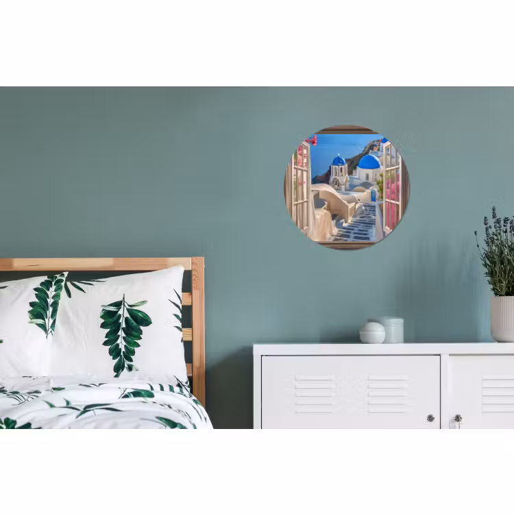 Wandcirkel - Aluminium - Doorkijk - Santorini - Landschap - Blauw - Grieks — 4