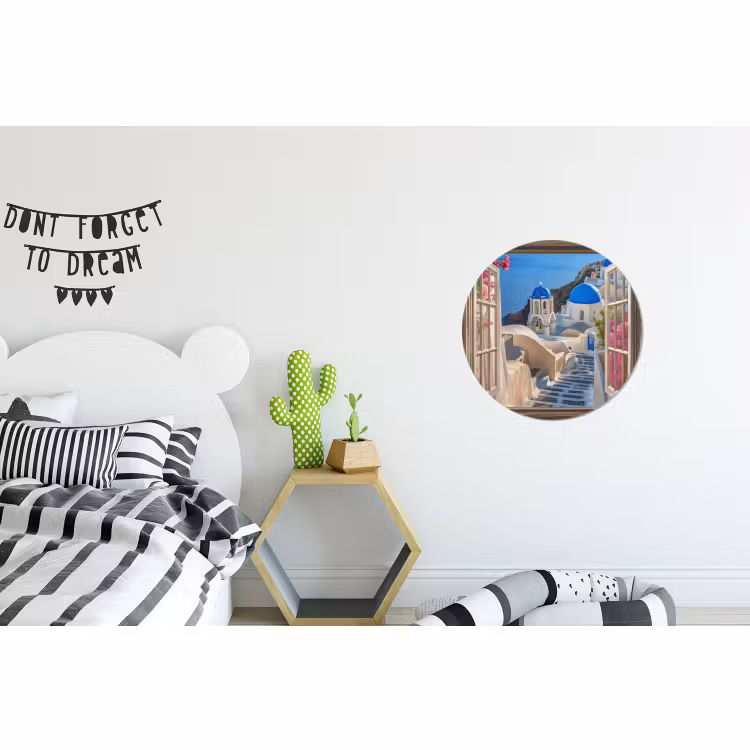 Wandcirkel - Aluminium - Doorkijk - Santorini - Landschap - Blauw - Grieks — 5