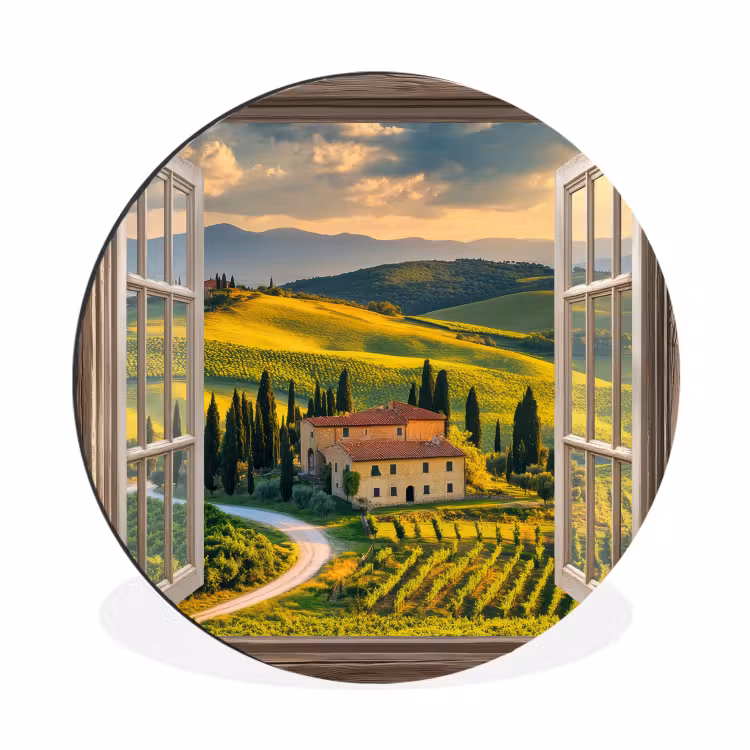 Wandcirkel - Aluminium - Doorkijk - Toscane - Uitzicht - Landschap - Zomer — 1