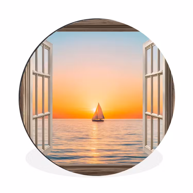 Wandcirkel - Aluminium - Doorkijk - Zee - Boot - Zonsondergang — 1