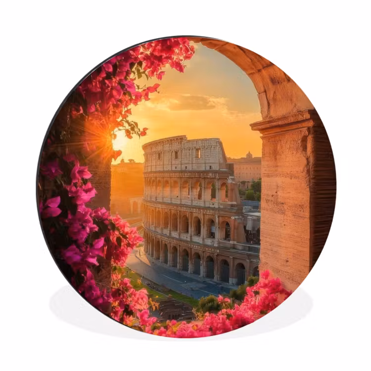 Wandcirkel - Aluminium - Colosseum - Rome - Roze Bloemen — 1