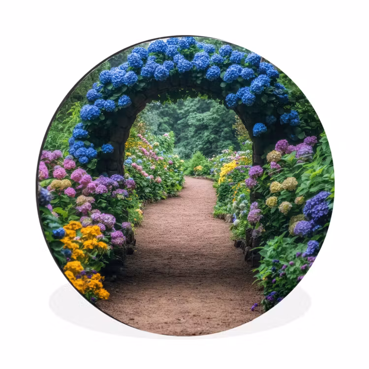 Wandcirkel - Aluminium - Doorkijk - Bloemen - Hortensia - Pad — 1