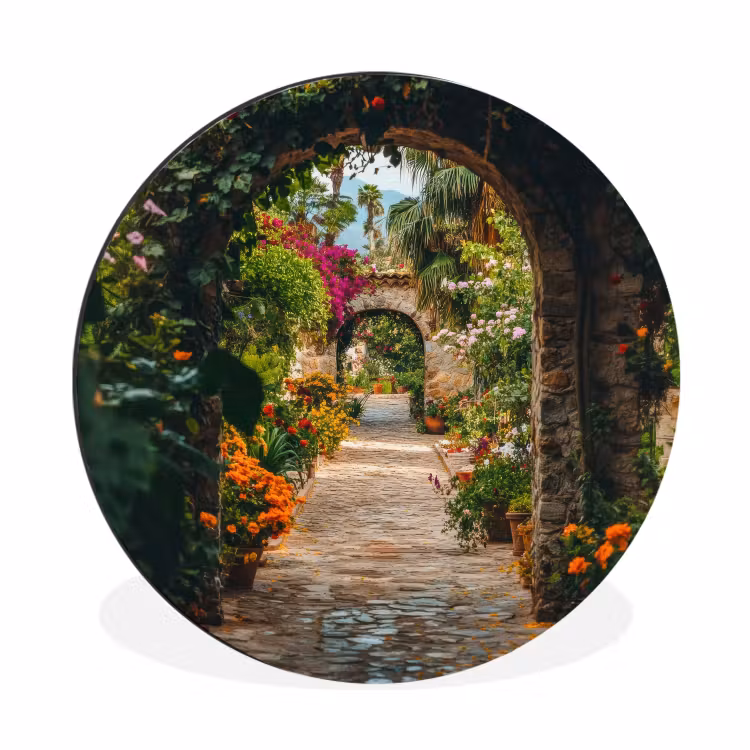 Wandcirkel - Aluminium - Doorkijk - Bloemen - Poort - Stenen — 1