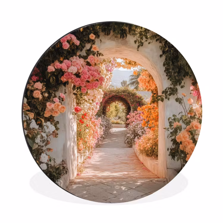 Wandcirkel - Aluminium - Doorkijk - Boog - Bloemen - Pastel — 1