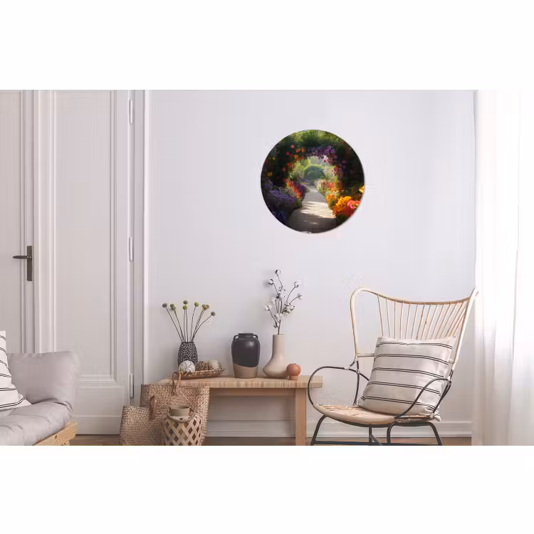 Wandcirkel - Aluminium - Doorkijk - Pad - Bloemen - Struik - Kleurrijk — 2