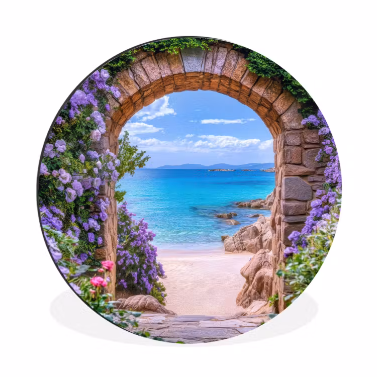 Wandcirkel - Aluminium - Doorkijk - Poort - Zee - Strand - Rotsen — 1