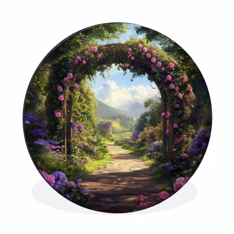 Wandcirkel - Aluminium - Doorkijk - Rozenboog - Uitzicht - Landschap - Bloemen — 1