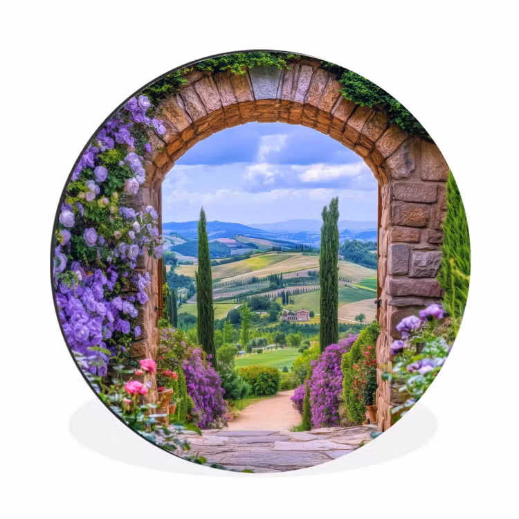 Wandcirkel - Aluminium - Doorkijk - Toscane - Landschap - Poort — 1