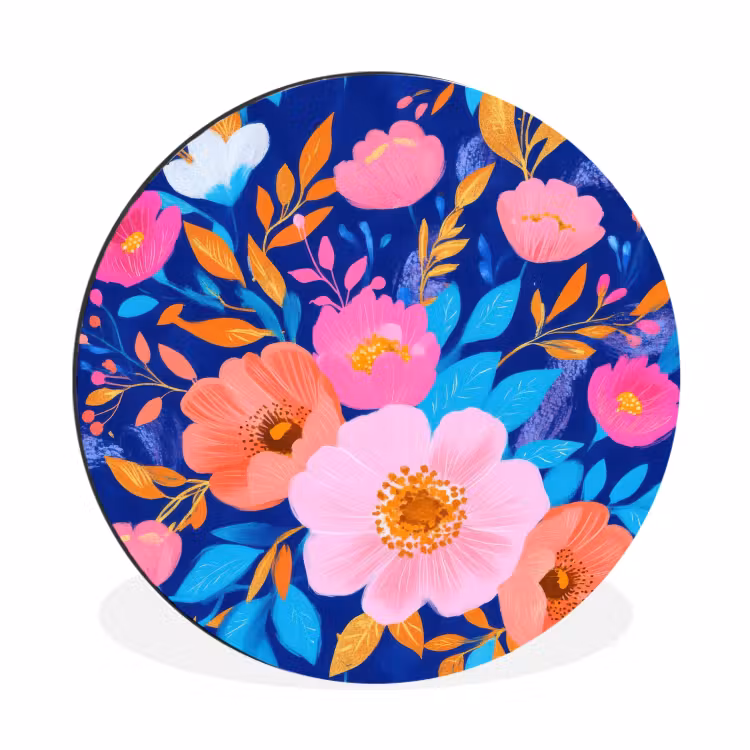 Wandcirkel - Aluminium - Bloemen - Blauw - Roze — 1