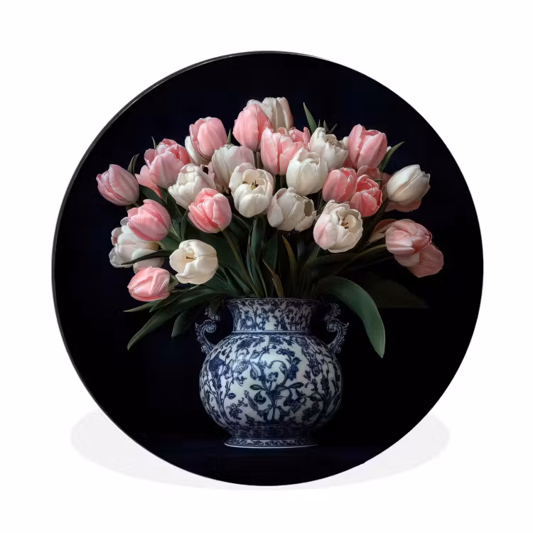 Wandcirkel - Aluminium - Bloemen - Roze - Tulpen - Vaas — 1