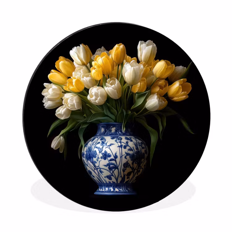 Wandcirkel - Aluminium - Geel - Tulpen - Vaas - Bloemen — 1
