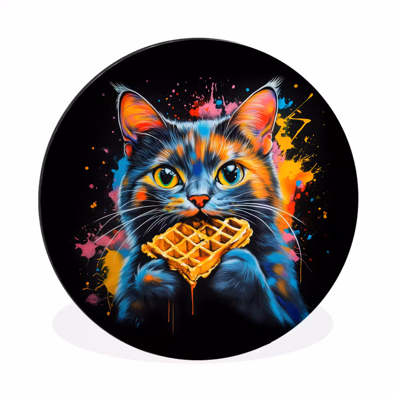 Wandcirkel - Aluminium - Kat - Graffiti - Kleurrijk - Wafel - Eten — 1
