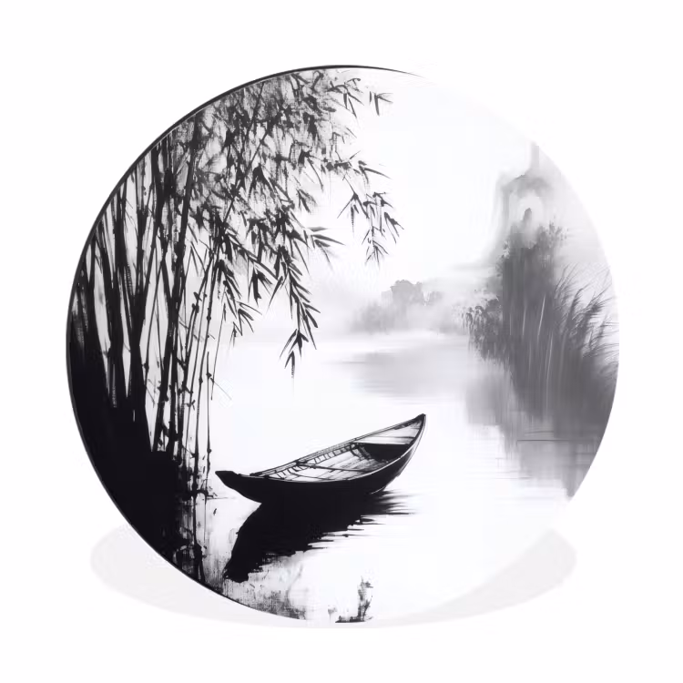 Wandcirkel - Aluminium - Boot - Rivier - Bamboe - Wit — 1