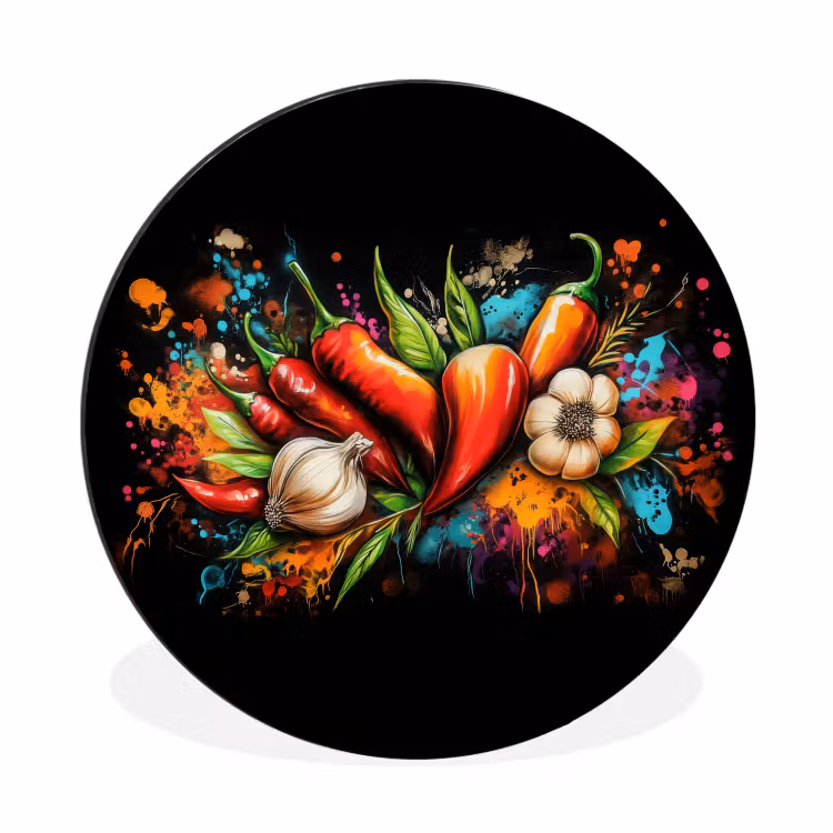Wandcirkel - Aluminium - Groente - Peper - Knoflook - Graffiti - Verf - Kleurrijk — 1