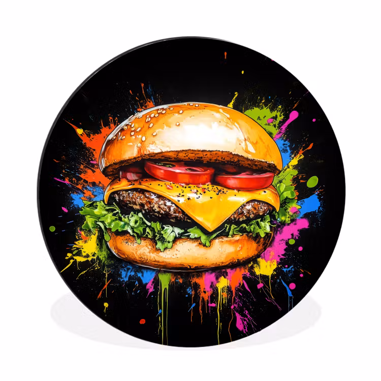 Wandcirkel - Aluminium - Hamburger - Graffiti - Verf - Kleurrijk - Eten - Abstract — 1