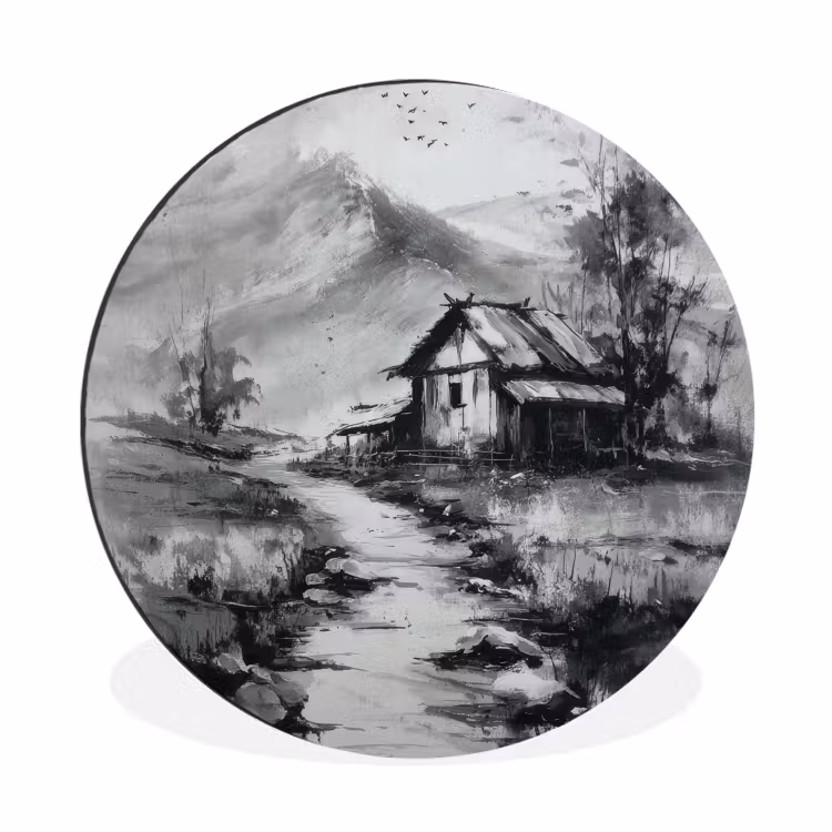 Wandcirkel - Aluminium - Hut - Grijs - Bergen - Mistig — 1
