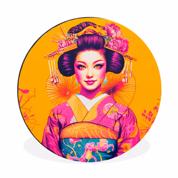 Wandcirkel - Aluminium - Bloemen - Vrouw - Kimono - Roze — 1