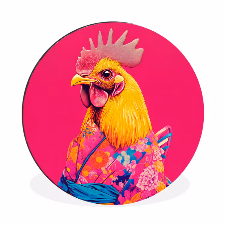 Wandcirkel - Aluminium - Haan - Kleurrijk - Kimono - Roze — 1