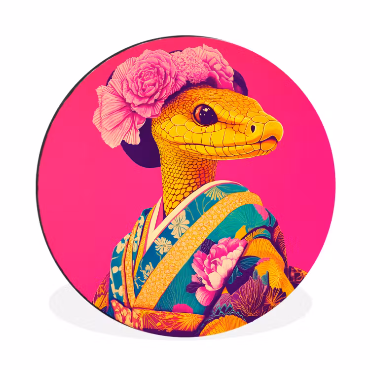 Wandcirkel - Aluminium - Hagedis - Bloemen - Roze - Kimono — 1