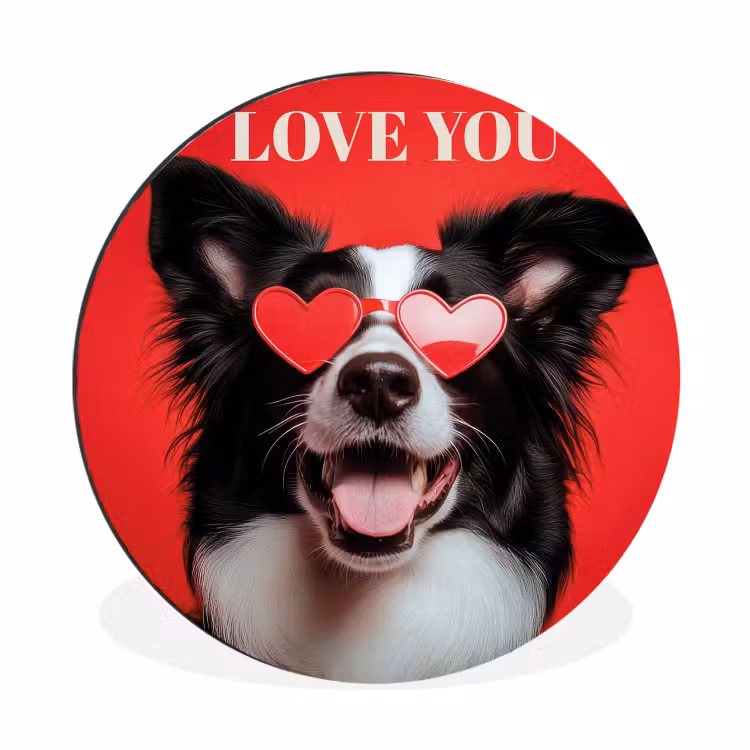 Wandcirkel - Aluminium - Hond - Hartjesbril - Loveyou - Rood — 1