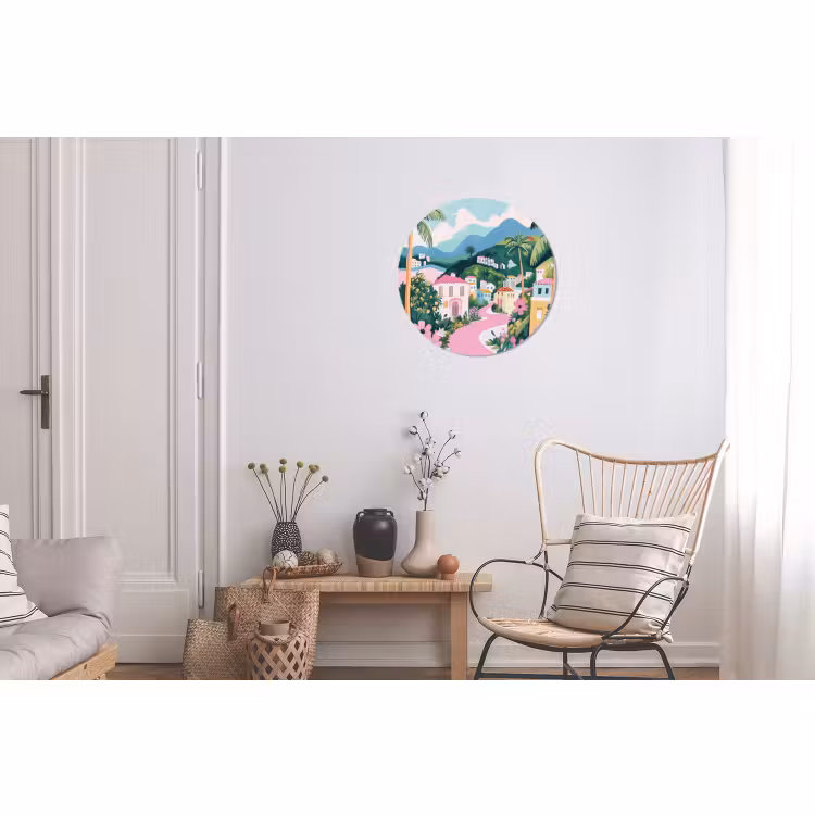 Wandcirkel - Aluminium - Kleurrijk - Huizen - Heuvels - Roze — 2