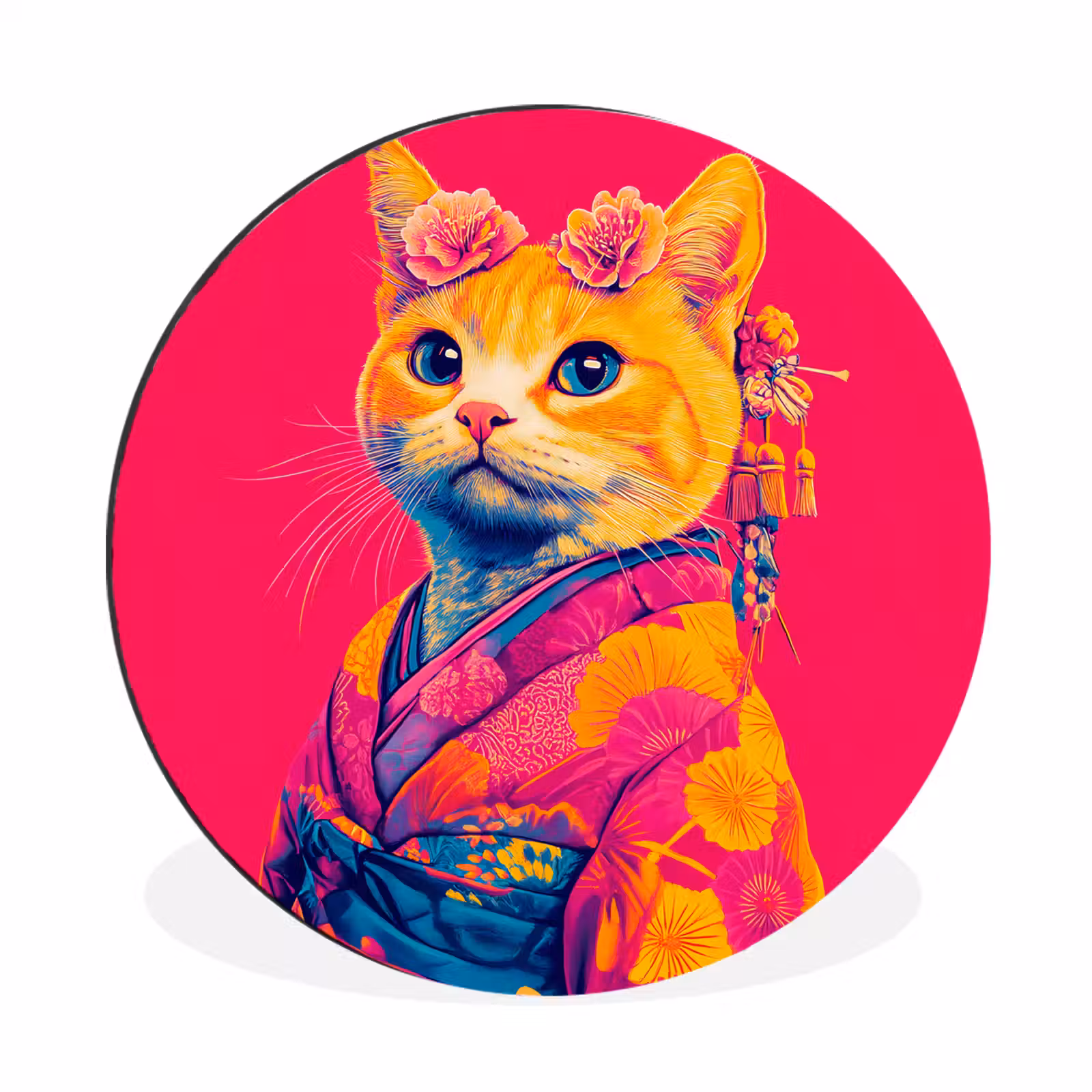 Wandcirkel - Aluminium - Kat - Kimono - Bloemen - Roze — 1