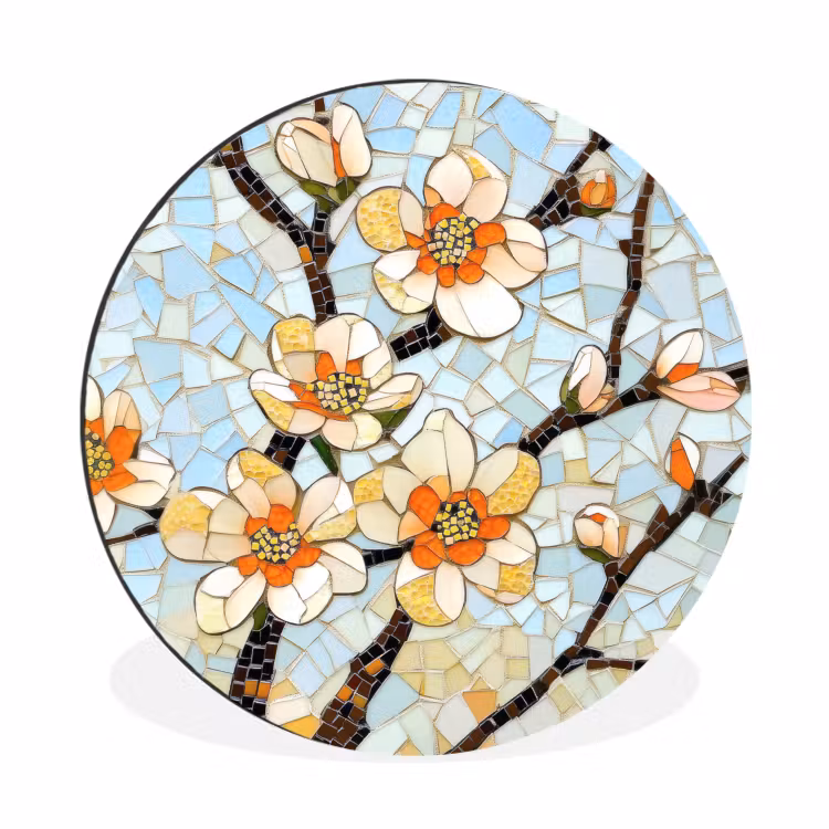 Wandcirkel - Aluminium - Bloesems - Wit - Mozaïek - Tak — 1