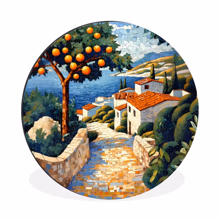 Wandcirkel - Aluminium - Huizen - Mozaïek - Sinaasappelbomen - Zee — 1