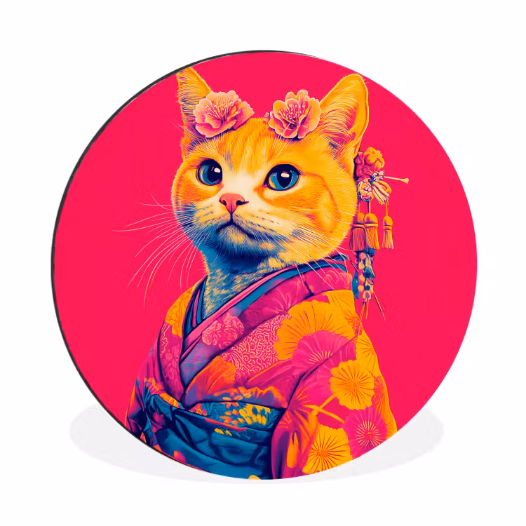 Wandcirkel - Aluminium - Kat - Kimono - Bloemen - Roze — 1