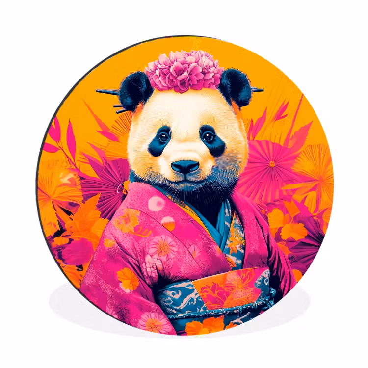 Wandcirkel - Aluminium - Kimono - Roze - Panda - Bloemenkroon — 1