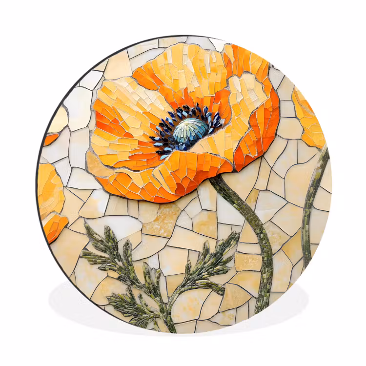 Wandcirkel - Aluminium - Klaprozen - Oranje - Mozaïek - Bladeren — 1