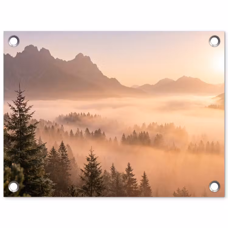 Tuinposter - Zonlicht - Mist - Bergen - Bomen — 1