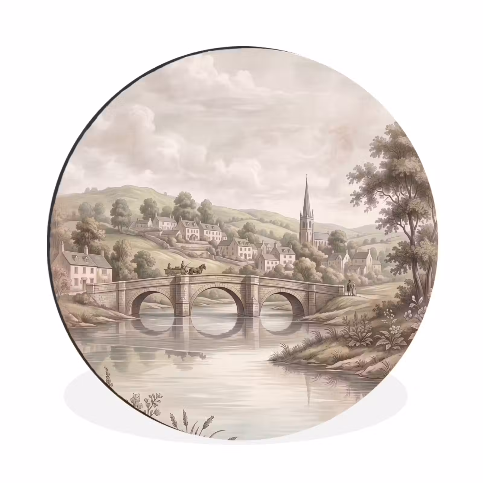 Wandcirkel - Aluminium - Dorp - Brug - Uitzicht - Groen — 1