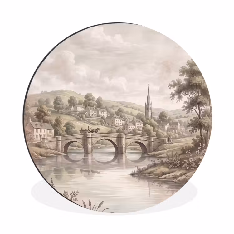 Wandcirkel - Aluminium - Dorp - Brug - Uitzicht - Groen — 1