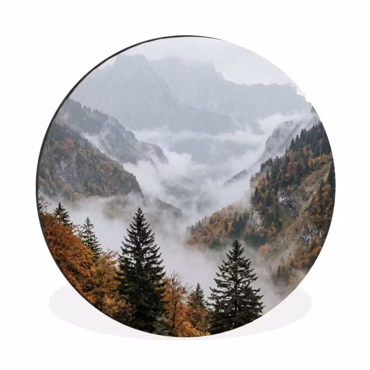 Wandcirkel - Aluminium - Bergen - Vallei - Mist - Herfst - Natuur — 1