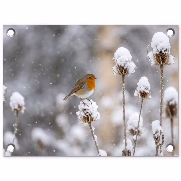 Tuinposter - Roodborstje - Gedroogde bloem - Sneeuw - Winter - Vertederend — 1