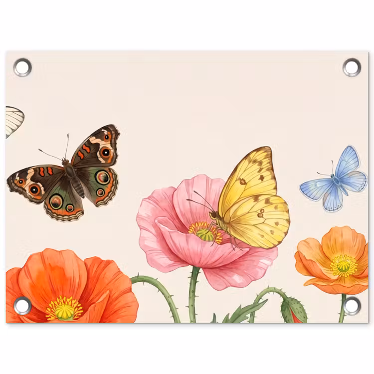 Tuinposter - Vlinders - Klaprozen - Illustratie - Kleurrijk — 1