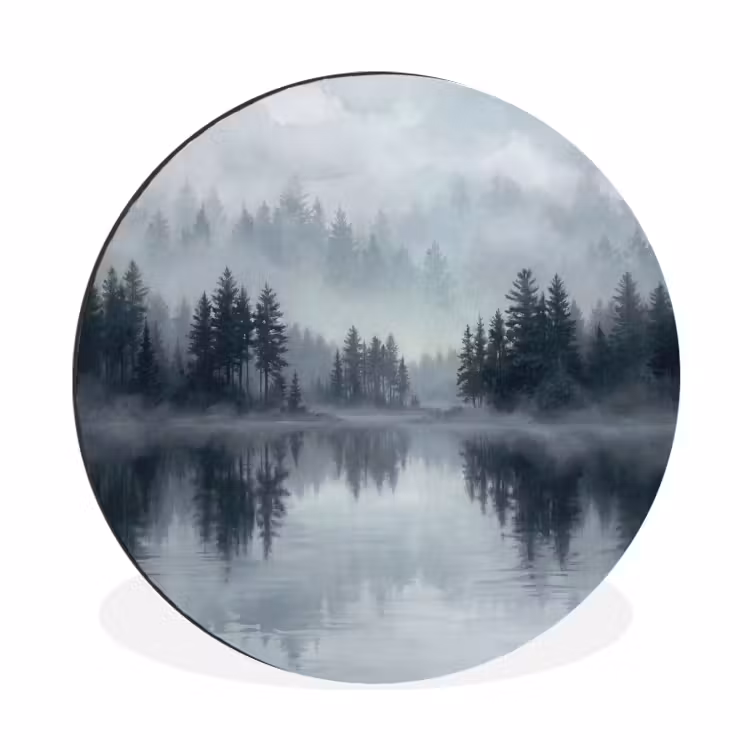 Wandcirkel - Aluminium - Bos - Meer - Mist - Natuur - Grijs — 1