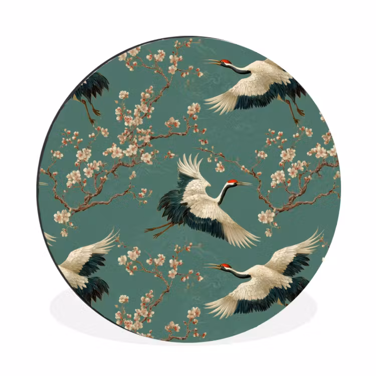 Wandcirkel - Aluminium - Kersenbloesem - Kraamvogels - Groen — 1