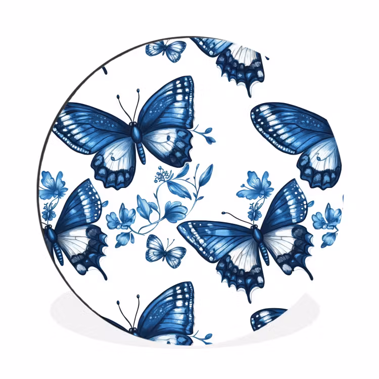 Wandcirkel - Aluminium - Blauw - Vlinders - Bloemen - Wit — 1