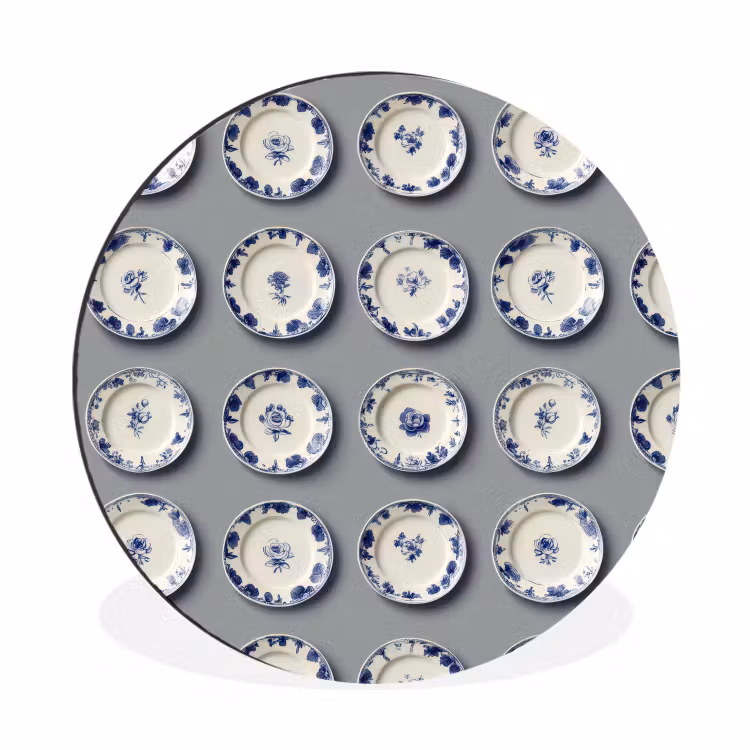 Wandcirkel - Aluminium - Borden - Bloemen - Blauw - Wit — 1
